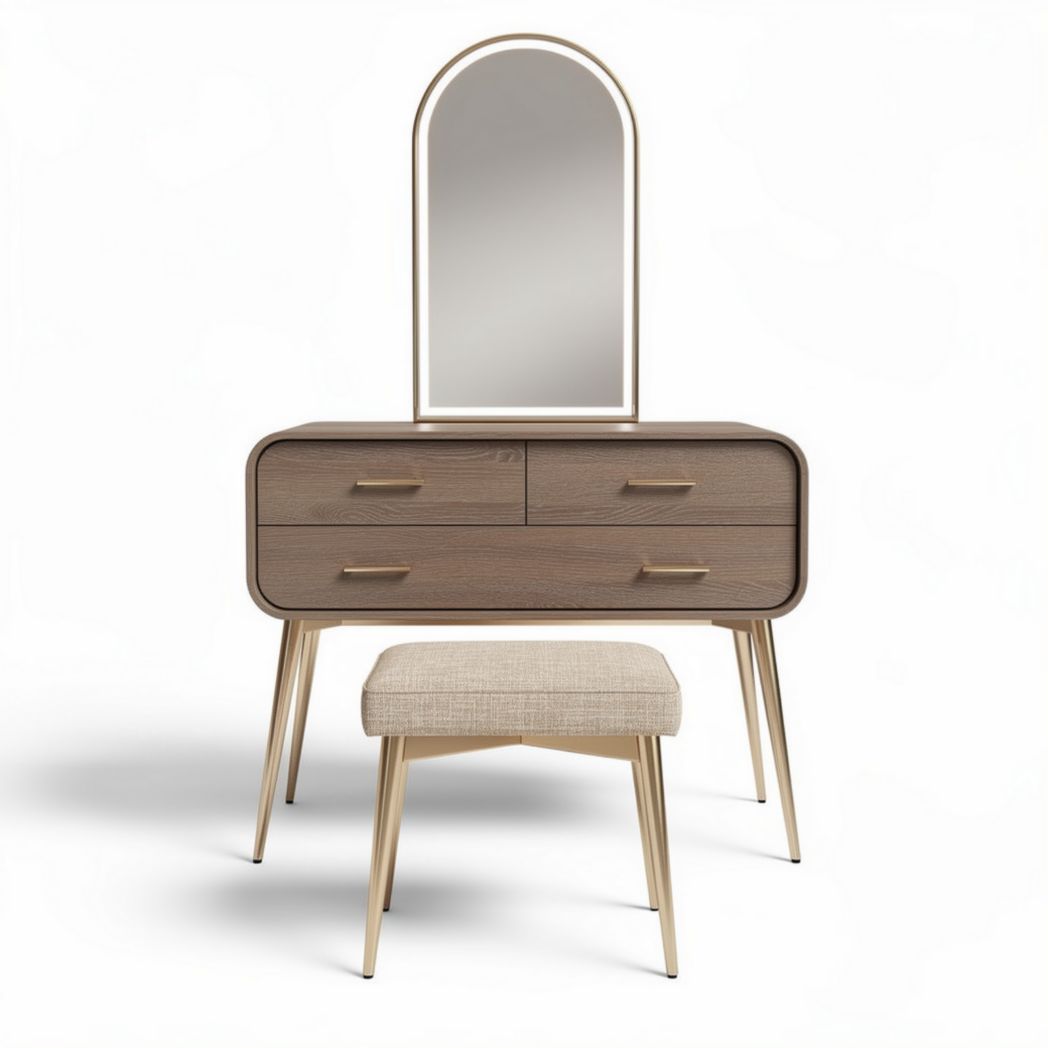 Modern wooden vanity set with mirror and upholstered stool 100 x 40 x 75cm