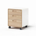 Rolling storage cabinet with three drawers white and natural wood finish 40 x 40 x 60cm