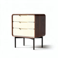 Modern three-drawer nightstand in walnut wood finish with cream drawers