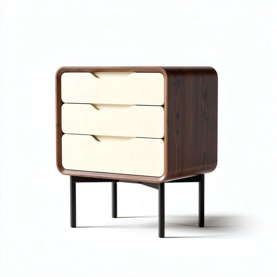 Modern three-drawer nightstand in walnut wood finish with cream drawers