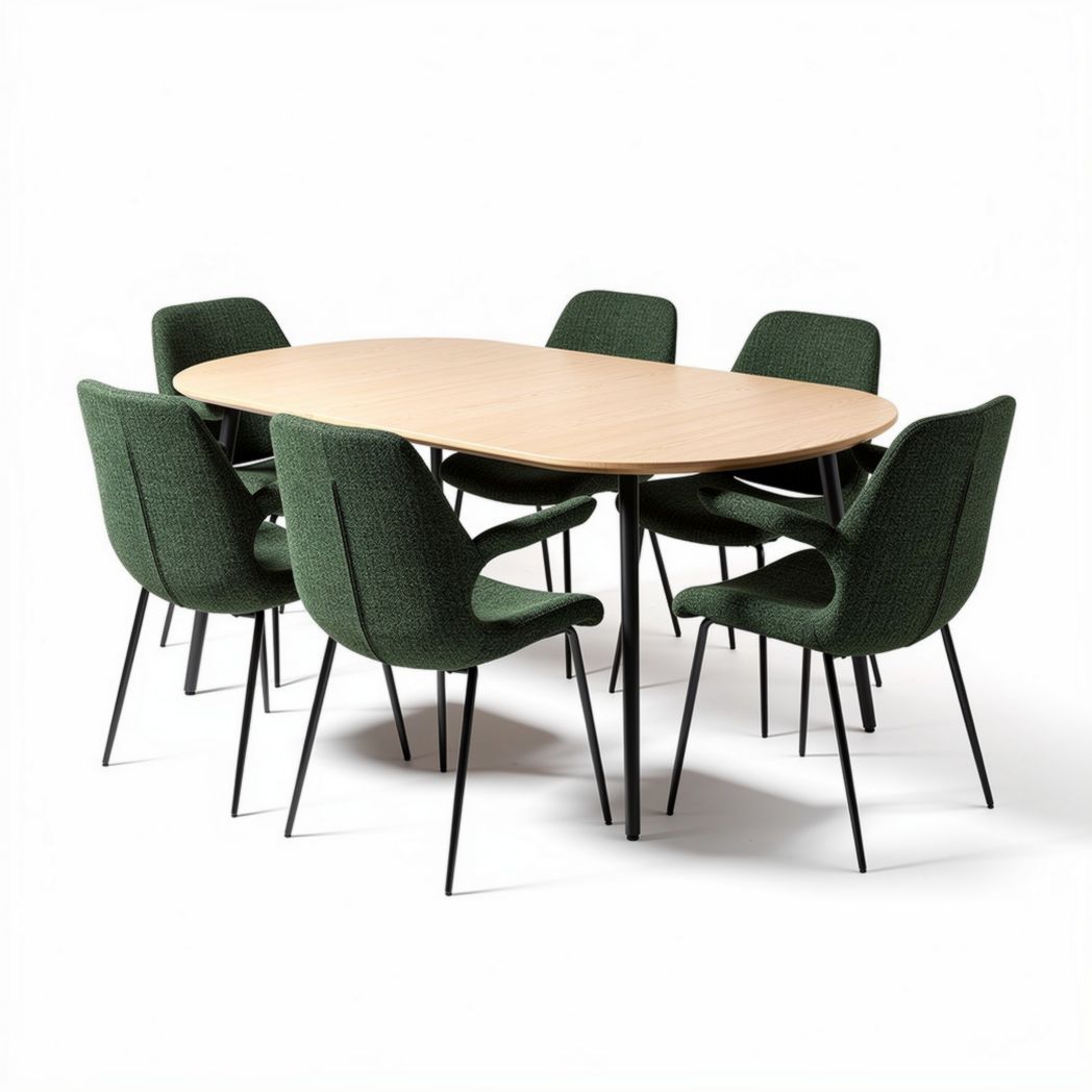 Green upholstered dining chairs with oval wooden table set for six