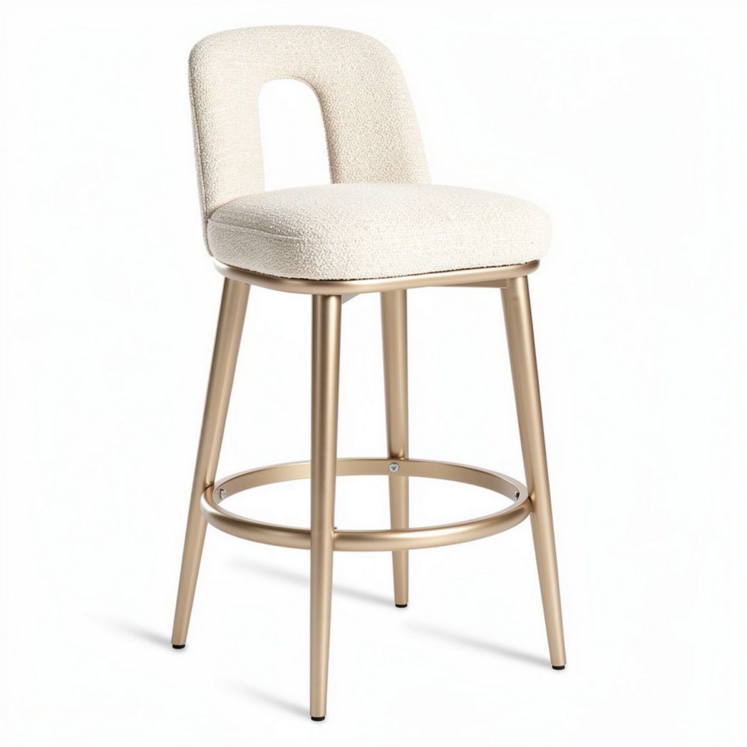 Bar stool with upholstered seat in cream fabric and gold metal frame 45 x 45 x 100cm