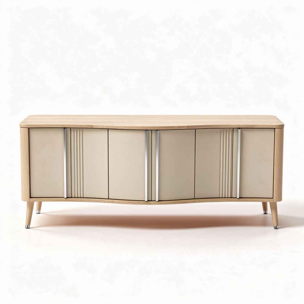 Contemporary wooden media console in white color with slatted design 120 x 40 x 40cm