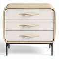 Three-drawer nightstand with white textured finish and natural wood accents