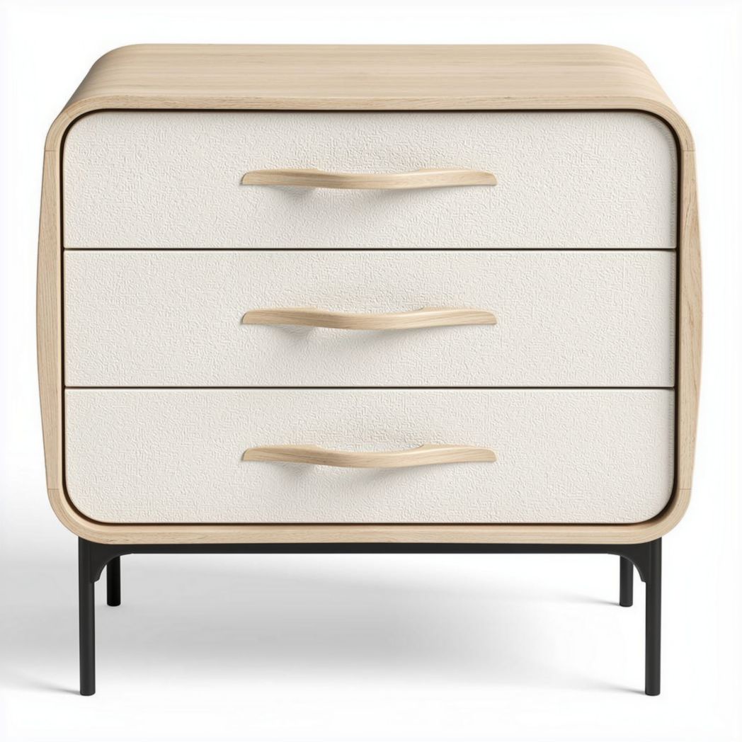 Three-drawer nightstand with white textured finish and natural wood accents
