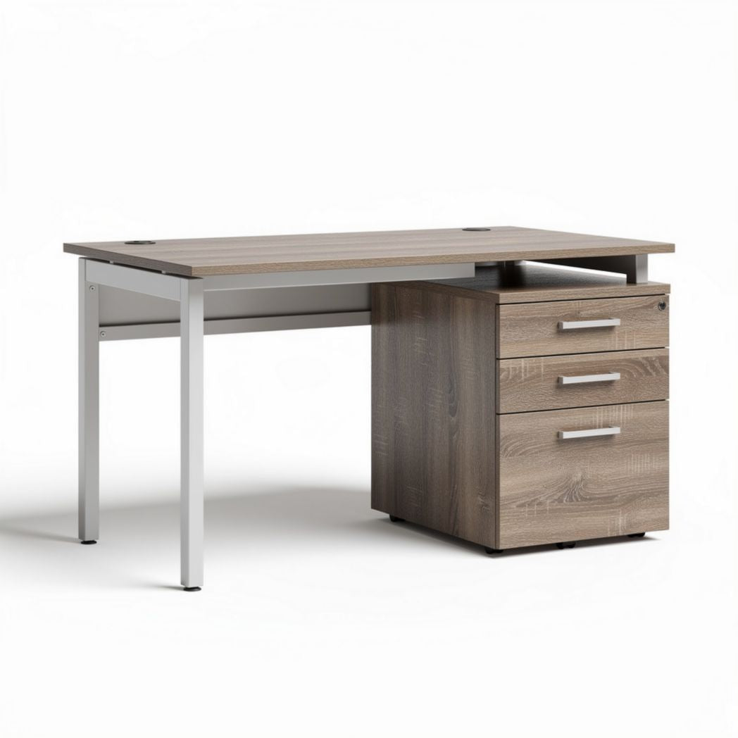 Wooden office desk with metal legs and three-drawer storage unit 120 x 60 x 75cm