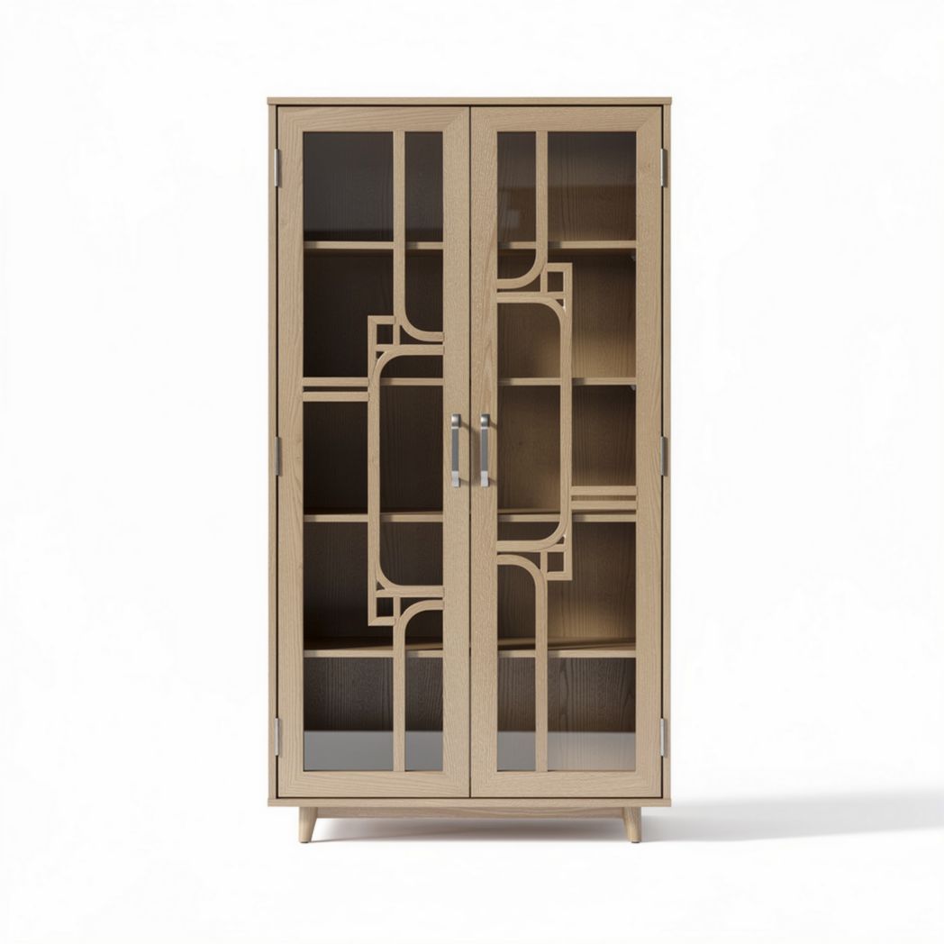 Glass door bookshelf cabinet with vintage design in natural wood finish 80 x 40 x 180cm