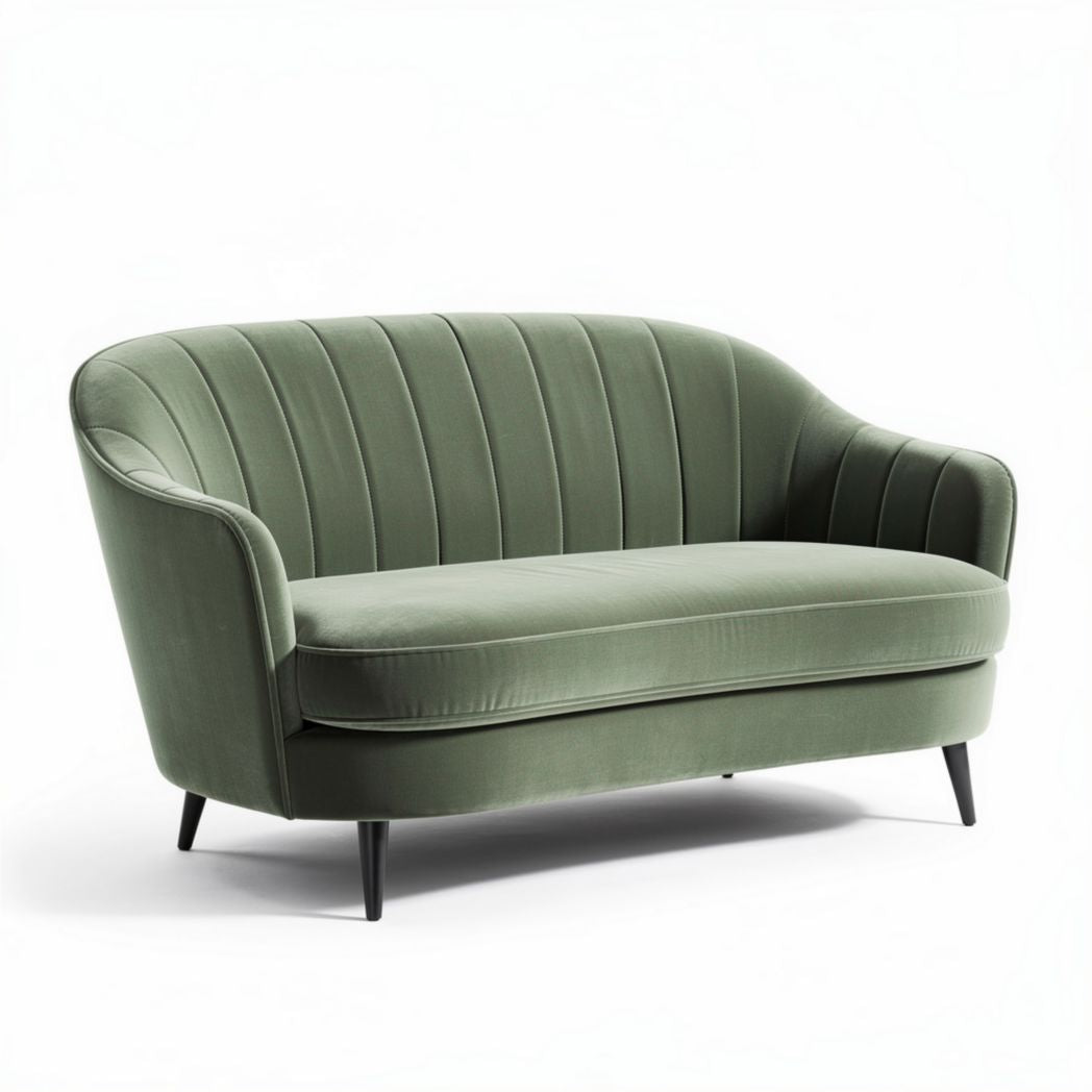 Green velvet loveseat with curved back and tapered legs 150 x 75 x 90cm