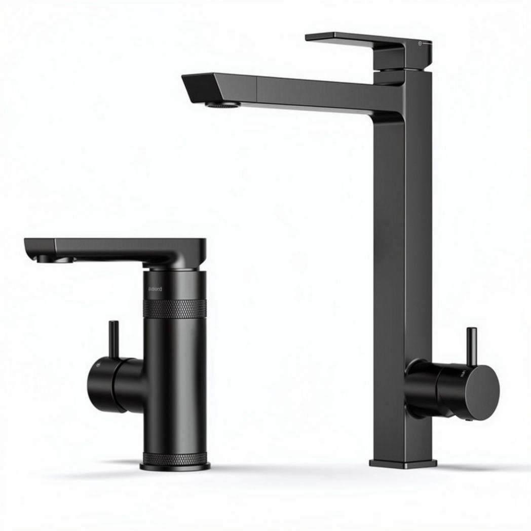 Matte black bathroom faucet set with single handle and modern design