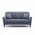 Mid-century modern two-seat sofa in blue fabric with decorative pillows 180 x 85 x 85cm