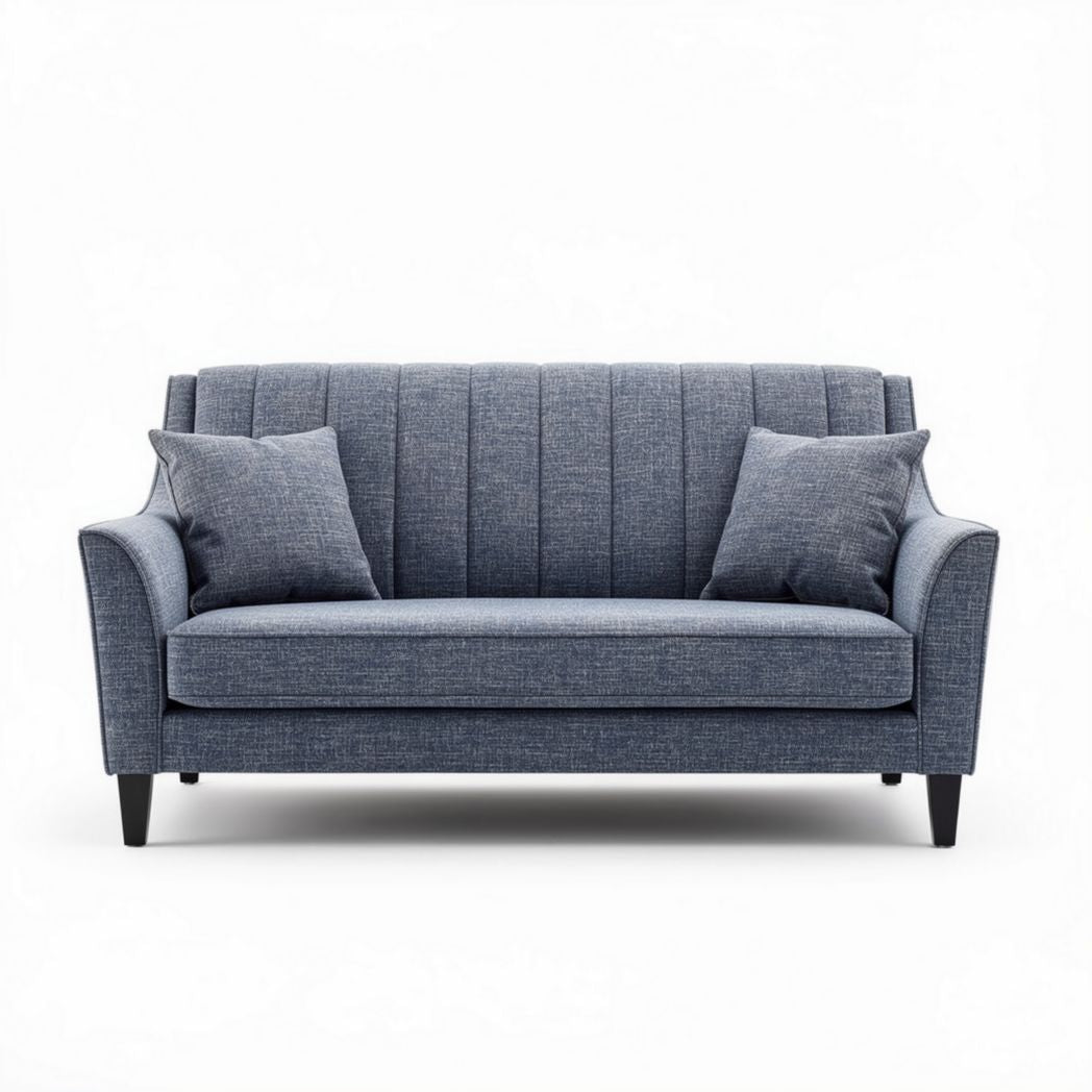 Mid-century modern two-seat sofa in blue fabric with decorative pillows 180 x 85 x 85cm