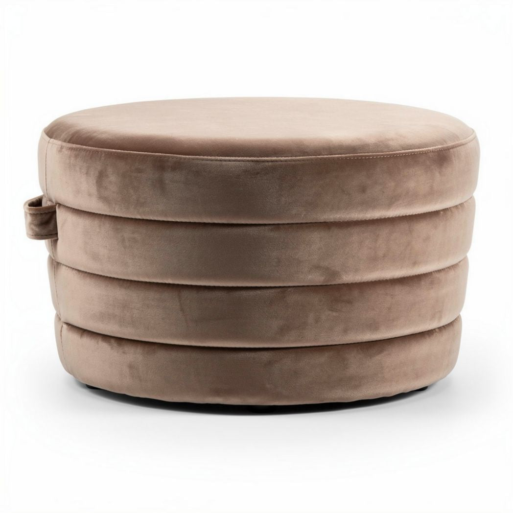 Round velvet ottoman in beige for living room seating and decor 70 x 70 x 30cm